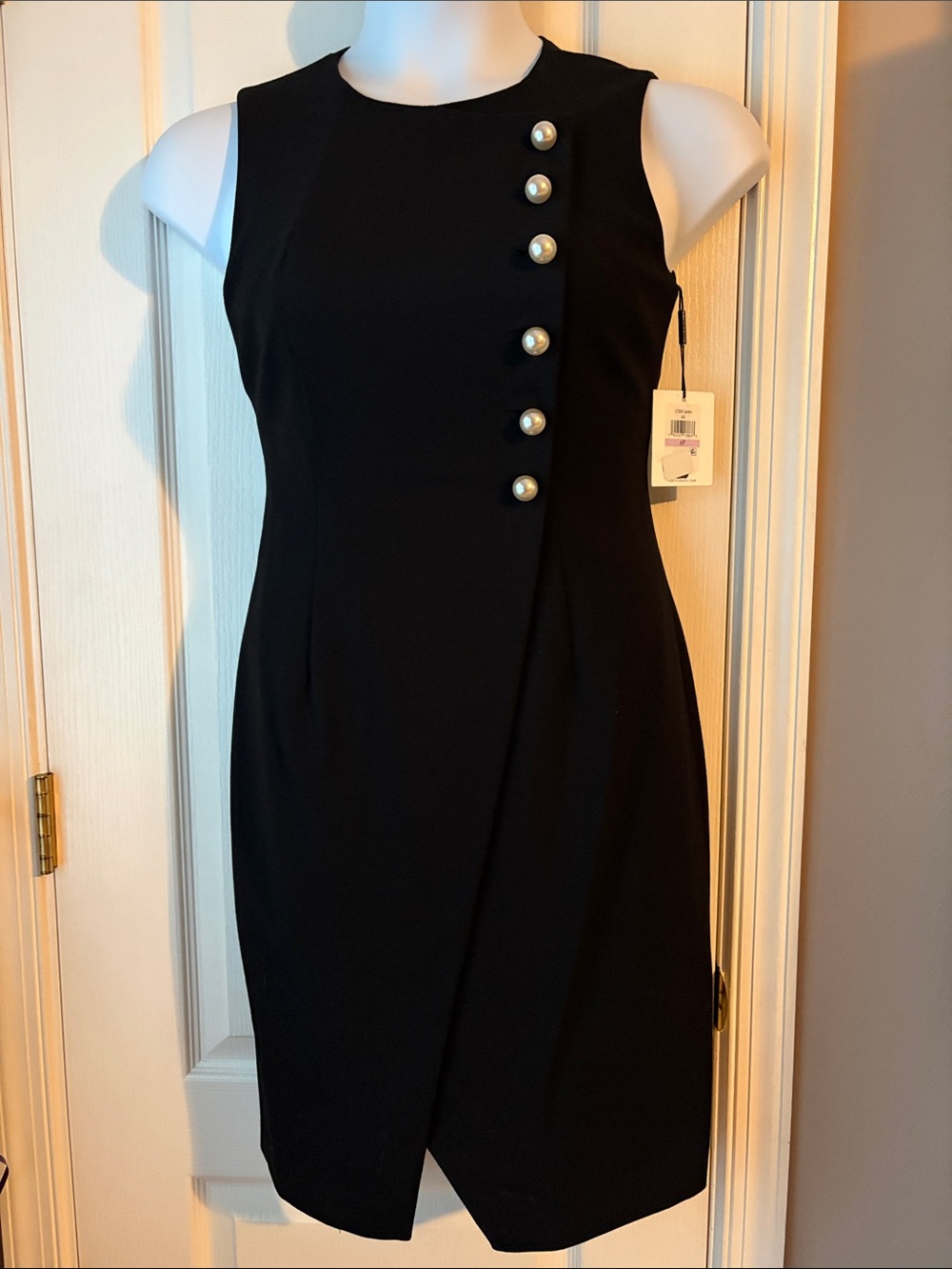 Calvin Klein Black Sleeveless Sheath Dress with Pearl Buttons